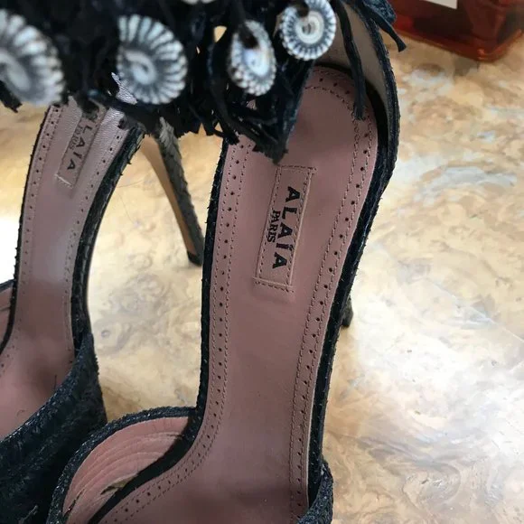 Azzedine Alaia Stilletos black with beads, fringe, woven straw, python leather 8 - Picture 2 of 11